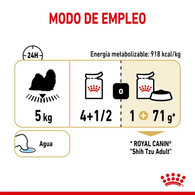 Modo de empleo para perro de 5 kg: 4+1/2 latas o 1 lata más 71 g de pienso Royal Canin Shih Tzu Adult al día. Energía metabolizable: 918 kcal/kg. Agua disponible.