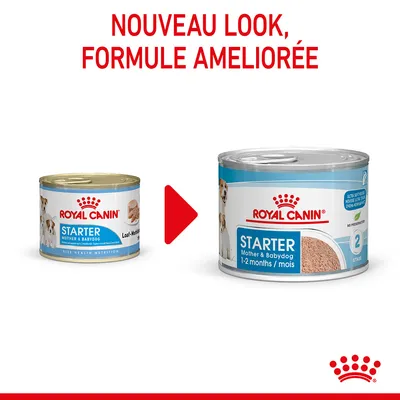 ROYAL CANIN Starter Mother & Babydog, ancien et nouveau packaging, texte visible : Nouveau look, formule améliorée, 1–2 months/mois, Stage 2, ultra soft mousse, no preservatives.