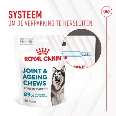 Royal Canin Joint & Ageing Chews, 60 stuks. Tekst: SYSTEEM OM DE VERPAKKING TE HERSLUITEN. 89% of owners are satisfied*. Wetenschappelijk bewezen ingrediënten.