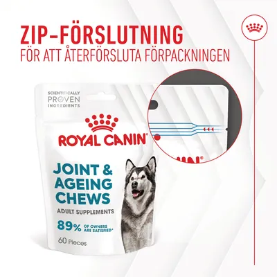 ROYAL CANIN Joint & Ageing Chews, 60 bitar. Zip-förslutning för att återförsluta förpackningen. 89 % of owners are satisfied*. SCIENTIFICALLY PROVEN INGREDIENTS.