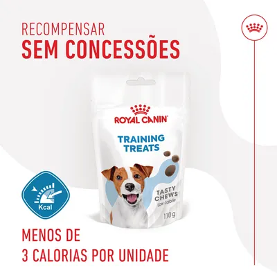 Royal Canin Training Treats Tasty Chews low calorie, embalagem de 110 g. Menos de 3 calorias por unidade. Texto: Recompensar sem concessões.