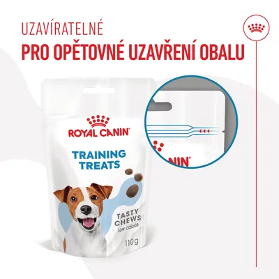 ROYAL CANIN TRAINING TREATS TASTY CHEWS Low calorie 110g, uzavíratelný obal s detailním zobrazením mechanismu pro opětovné uzavření. Text: Uzavíratelné pro opětovné uzavření obalu.