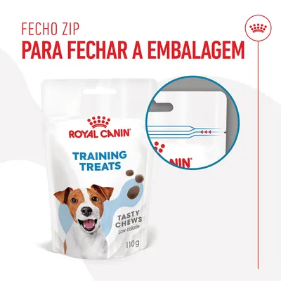 ROYAL CANIN TRAINING TREATS TASTY CHEWS Low calorie 110 g. Fecho zip para fechar a embalagem, texto visível na imagem com destaque para o sistema de fecho.