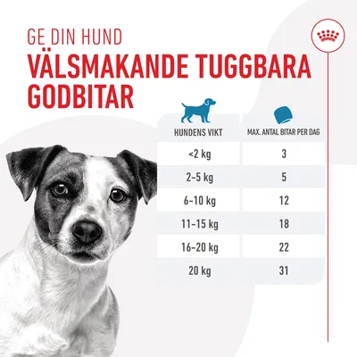 Utfodringsråd för hundgodis: max antal bitar per dag enligt hundens vikt, från 3 bitar för <2 kg till 31 bitar för 20 kg. Text: Ge din hund välsmakande tuggbar godbit.