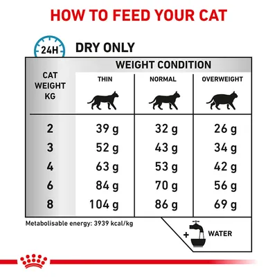 Feeding guide table for cats by weight and condition: shows daily dry food amounts in grams for thin, normal, and overweight cats from 2kg to 8kg. Metabolisable energy: 3939 kcal/kg.