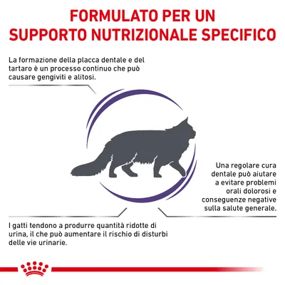 FORMULATO PER UN SUPPORTO NUTRIZIONALE SPECIFICO. Placca dentale e tartaro causano gengiviti; cura dentale aiuta a evitare problemi orali; gatti producono poca urina, rischio disturbi urinari.