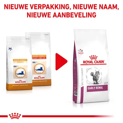 Nieuwe verpakking, nieuwe naam, nieuwe aanbeveling. Royal Canin Senior Consult Stage 2 en Stage 2 High Cal wordt Royal Canin Early Renal kattenvoer.