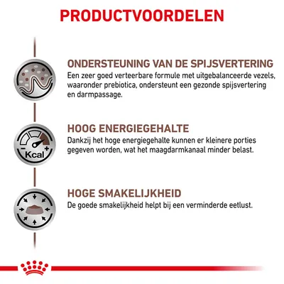 Productvoordelen: ondersteuning van de spijsvertering, hoog energiegehalte, hoge smakelijkheid. Uitleg over vezels, portiegrootte en eetlust staat in beeld.