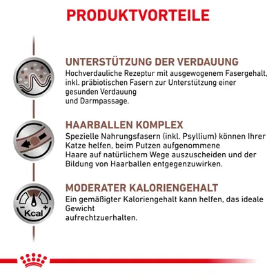 Текст на немецком: PRODUKTVORTEILE. UNTERSTÜTZUNG DER VERDAUUNG, HAARBALLEN KOMPLEX, MODERATER KALORIEN­GEHALT с подробным описанием преимуществ продукта для кошек.