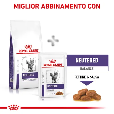 Royal Canin Expert Neutered Satiety Balance crocchette e Neutered Balance fettine in salsa, confezioni visibili con scritte: NEUTERED BALANCE, FETTINE IN SALSA, miglior abbinamento con.
