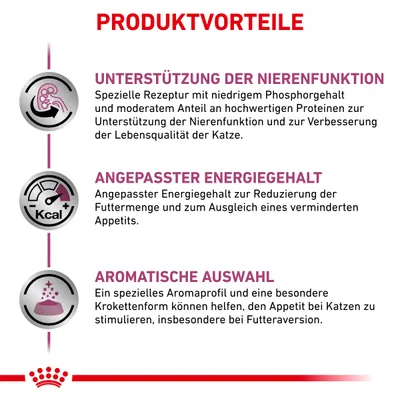 Produktvorteile: Unterstützung der Nierenfunktion, angepasster Energiegehalt zur Appetitanpassung, aromatische Auswahl mit speziellem Aromaprofil und Krokettenform für Katzen.