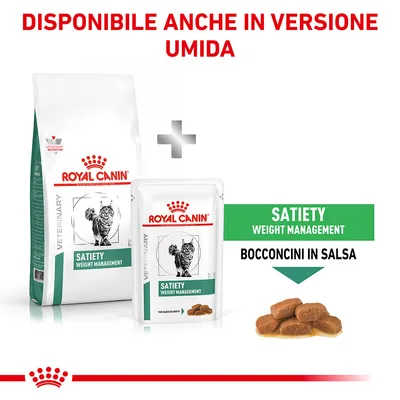 Royal Canin Veterinary Satiety Weight Management per gatti, disponibile anche in versione umida bocconcini in salsa. Immagine di confezione secca e bustina umida.