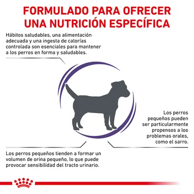 Formulado para ofrecer una nutrición específica. Hábitos saludables y alimentación adecuada mantienen a los perros sanos. Perros pequeños: propensos a problemas orales y sensibilidad urinaria.