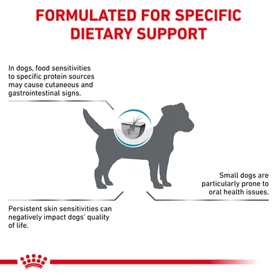 Formulated for specific dietary support. Food sensitivities may cause skin and digestive issues in dogs. Persistent skin problems affect quality of life. Small dogs prone to oral health issues.