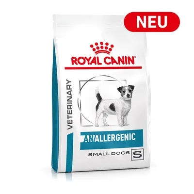 Упаковка корма Royal Canin Veterinary Anallergenic Small Dogs S, изображение собаки, надпись NEU в правом верхнем углу