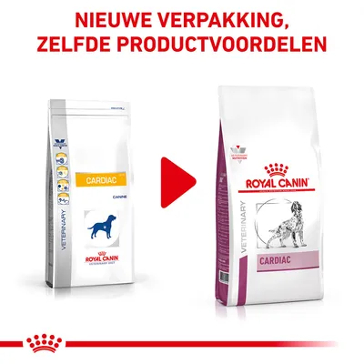 Nieuwe verpakking, zelfde productvoordelen. Royal Canin Cardiac hondenvoer: oude en nieuwe verpakking naast elkaar getoond.