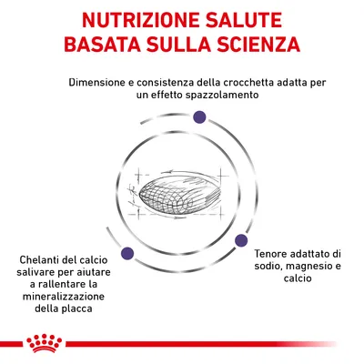 NUTRIZIONE SALUTE BASATA SULLA SCIENZA. Dimensione e consistenza della crocchetta adatta per un effetto spazzolamento. Chelanti del calcio salivare. Tenore adattato di sodio, magnesio e calcio.