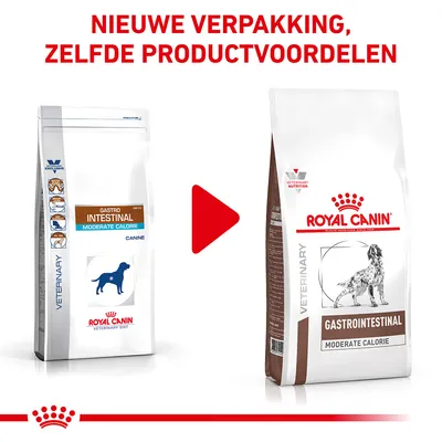 Nieuwe verpakking Royal Canin Gastrointestinal Moderate Calorie hondenvoer, zelfde productvoordelen. Links oude verpakking, rechts nieuwe verpakking zichtbaar.
