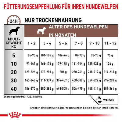 Fütterungsempfehlung für Hundewelpen: Trockennahrung basierend auf Gewicht (5-40kg) und Alter (1-12 Monate). Energiegehalt: 4227 kcal/kg. Angaben sind Richtwerte, bei Fragen Tierarzt konsultieren.