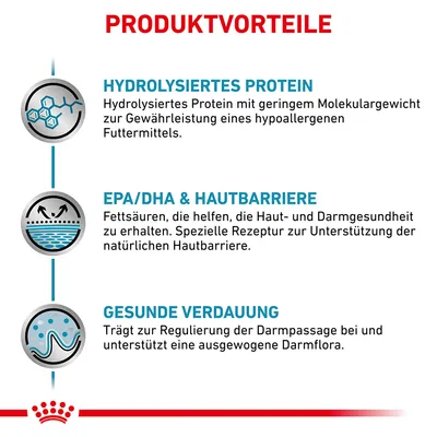 Produktvorteile: Hydrolysiertes Protein für hypoallergenes Futter, EPA/DHA zur Unterstützung der Hautbarriere, gesunde Verdauung durch Regulierung der Darmflora.