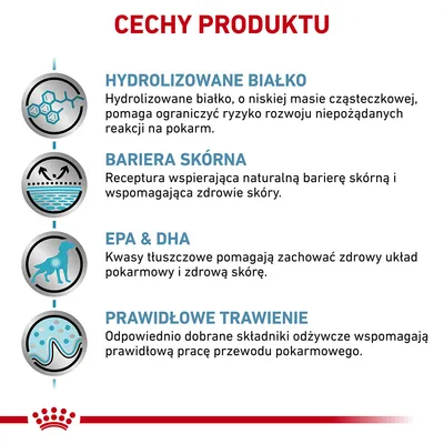 Cechy produktu: hydrolizowane białko, bariera skórna, EPA & DHA, prawidłowe trawienie. Opisy: wsparcie zdrowia skóry, układu pokarmowego, ograniczenie ryzyka reakcji na pokarm.