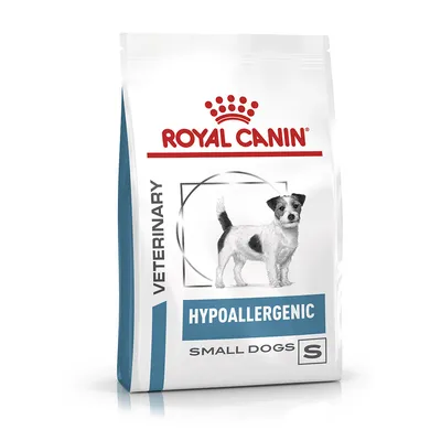 Sachet Royal Canin Veterinary Hypoallergenic Small Dogs S, photo d’un petit chien sur l’emballage, texte visible : HYPOALLERGENIC, SMALL DOGS, VETERINARY.