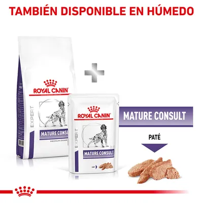 Royal Canin Expert Mature Consult para perros, disponible en seco y húmedo. Imagen de envase grande y sobre de paté con texto 'Mature Consult' y 'Paté'.