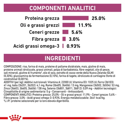 Componenti analitici: proteina grezza 25 %, oli e grassi grezzi 11,9 %, ceneri grezze 5,6 %, fibra grezza 3 %, acidi grassi omega-3 0,93 %. Ingredienti e additivi elencati in dettaglio.