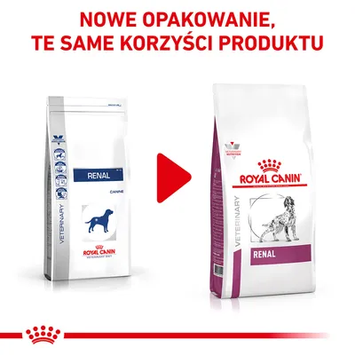 Nowe opakowanie karmy Royal Canin Renal dla psów. Po lewej stare opakowanie, po prawej nowe. Napis: Nowe opakowanie, te same korzyści produktu.