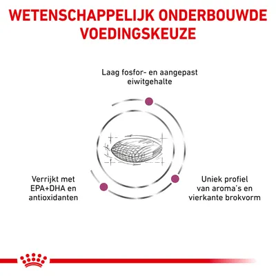 Wetenschappelijk onderbouwde voedingskeuze: laag fosfor- en aangepast eiwitgehalte, verrijkt met EPA+DHA en antioxidanten, uniek profiel van aroma’s en vierkante brokvorm.