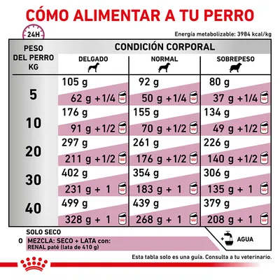 Tabla de alimentación para perros según peso (5–40 kg) y condición corporal (delgado, normal, sobrepeso), con cantidades diarias en gramos y mezcla de seco y lata. Incluye recordatorio de agua.