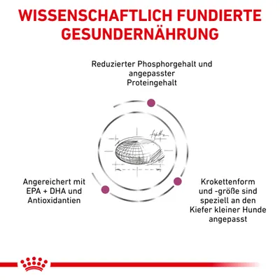 Wissenschaftlich fundierte Gesunderährung: Reduzierter Phosphorgehalt, angepasster Proteingehalt, angereichert mit EPA+DHA und Antioxidantien, Krokettenform für kleine Hunde angepasst.