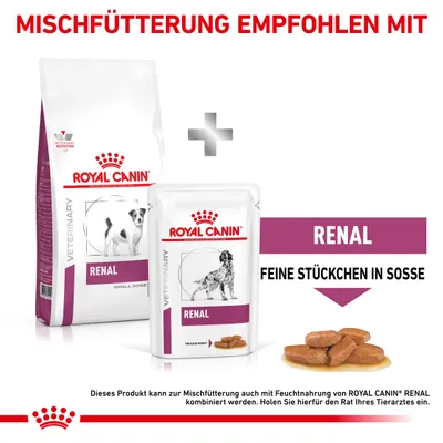 Royal Canin Renal Trocken- und Feuchtnahrung für Hunde. Mischfütterung empfohlen mit feinen Stückchen in Sosse. Konsultieren Sie Ihren Tierarzt vor der Verwendung.