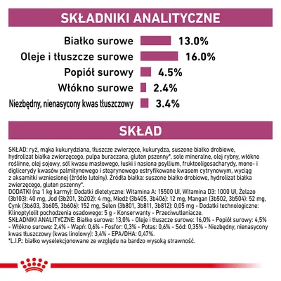 Analiza składu: białko surowe 13 %, oleje i tłuszcze surowe 16 %, popiół surowy 4,5 %, włókno surowe 2,4 %, niezbędny nienasycony kwas tłuszczowy 3,4 %. Widoczna pełna lista składników.