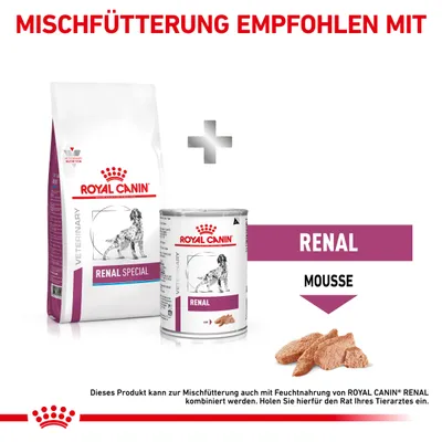 Royal Canin Renal Special Trockenfutter und Renal Mousse Feuchtfutter. Mischfütterung empfohlen. Beratung durch Tierarzt erforderlich.