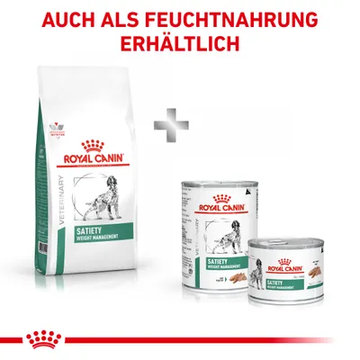 Royal Canin Satiety Weight Management, erhältlich als Trockenfutter und Feuchtnahrung. Verpackungen mit Hundebild sichtbar.