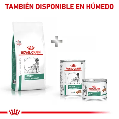Royal Canin Satiety Weight Management seco y húmedo para perros. Texto: 'TAMBIÉN DISPONIBLE EN HÚMEDO'. Imagen de saco y latas del producto con logotipo visible.