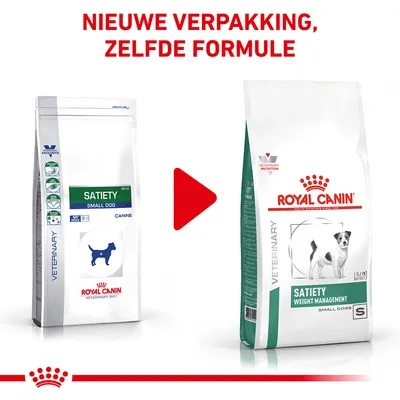 Royal Canin Satiety Small Dog oude en nieuwe verpakking naast elkaar, tekst: 'Nieuwe verpakking, zelfde formule'. Beide zakken tonen merknaam en productinformatie.