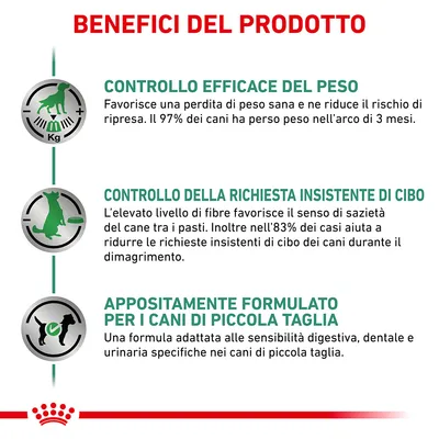 Benefici del prodotto: controllo efficace del peso, controllo della richiesta insistente di cibo, appositamente formulato per i cani di piccola taglia. Testo in italiano.