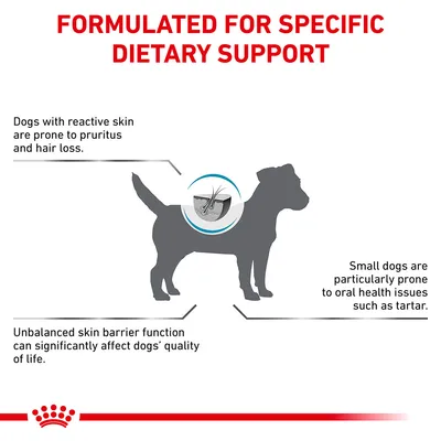 FORMULATED FOR SPECIFIC DIETARY SUPPORT. Dogs with reactive skin are prone to pruritus and hair loss. Unbalanced skin barrier function can significantly affect dogs’ quality of life. Small dogs are particularly prone to oral health issues such as tartar. (κείμενο στα αγγλικά)