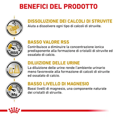 Benefici del prodotto: dissoluzione dei calcoli di struvite, basso valore RSS, diluizione delle urine, basso livello di magnesio. Testo esplicativo per ciascun beneficio incluso.