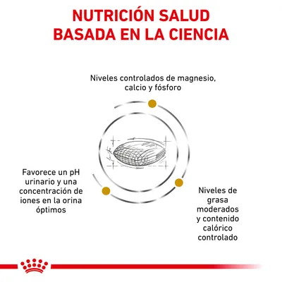 NUTRICIÓN SALUD BASADA EN LA CIENCIA. Niveles controlados de magnesio, calcio y fósforo. Favorece un pH urinario y concentración de iones óptimos. Grasa moderada y contenido calórico controlado.
