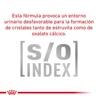 Esta fórmula provoca un entorno urinario desfavorable para la formación de cristales tanto de estruvita como de oxalato cálcico. s/o INDEX.