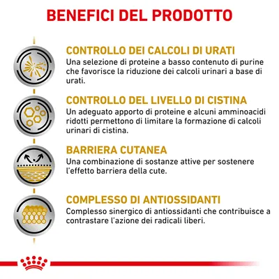 Benefici del prodotto: controllo dei calcoli di urati, controllo del livello di cistina, barriera cutanea, complesso di antiossidanti. Testo in italiano.