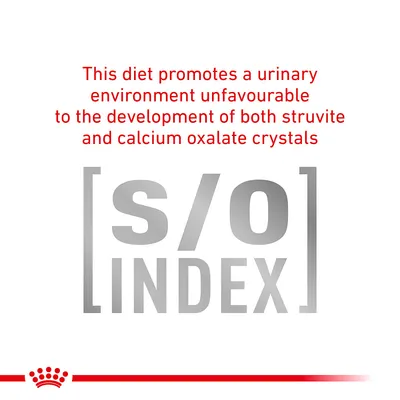 This diet promotes a urinary environment unfavourable to the development of both struvite and calcium oxalate crystals. S/O Index.