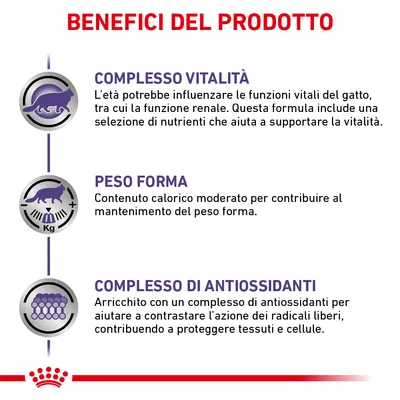Benefici del prodotto: complesso vitalità, peso forma, complesso di antiossidanti. Testo descrittivo su supporto delle funzioni vitali, mantenimento peso e protezione tessuti.