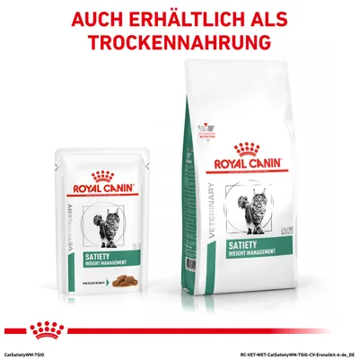 Royal Canin Veterinary Satiety Weight Management, na voljo kot mokra in suha hrana. Embalaža s sliko mačke in vidnim imenom izdelka.