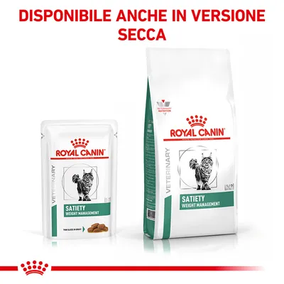 Royal Canin Satiety Weight Management per gatti, bustina e sacco con scritta 'DISPONIBILE ANCHE IN VERSIONE SECCA' in alto. Immagine di gatto su entrambe le confezioni.