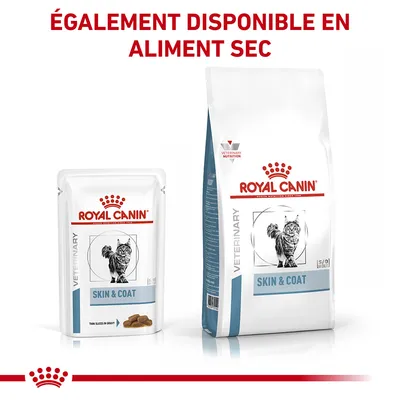 ROYAL CANIN VETERINARY SKIN & COAT pour chat, sachet et sac visibles. Texte en haut : ÉGALEMENT DISPONIBLE EN ALIMENT SEC.