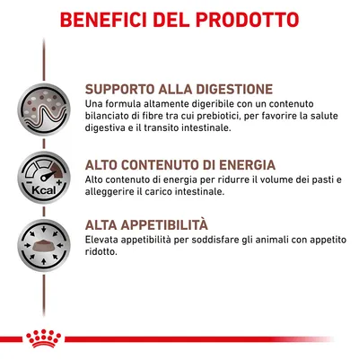 Benefici del prodotto: supporto alla digestione, alto contenuto di energia, alta appetibilità. Testo descrittivo su digeribilità, energia e appetibilità per animali.